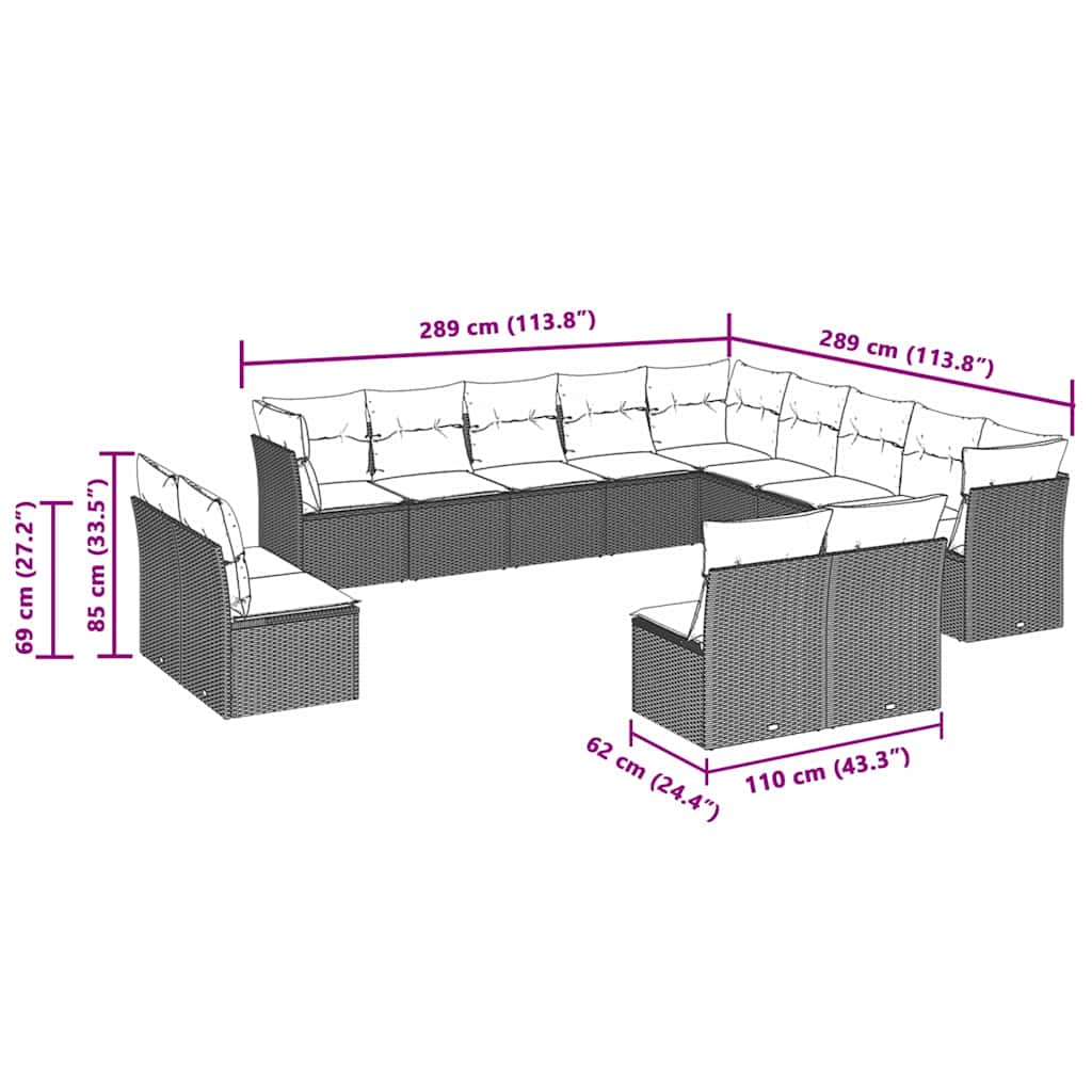 13-tlg. Garten-Sofagarnitur mit Kissen Hellgrau Poly Rattan
