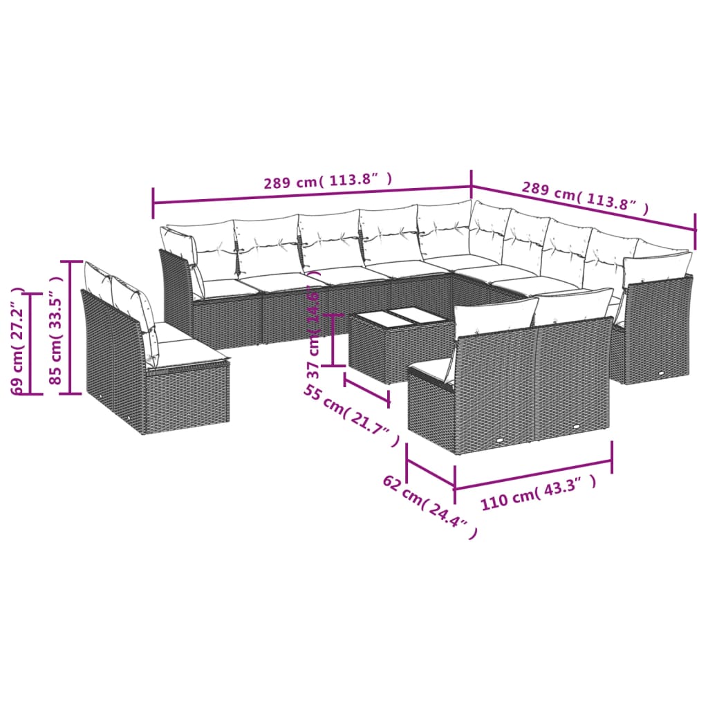 14-teiliges Gartensofa-Set mit Kissen, braun, Polyrattan