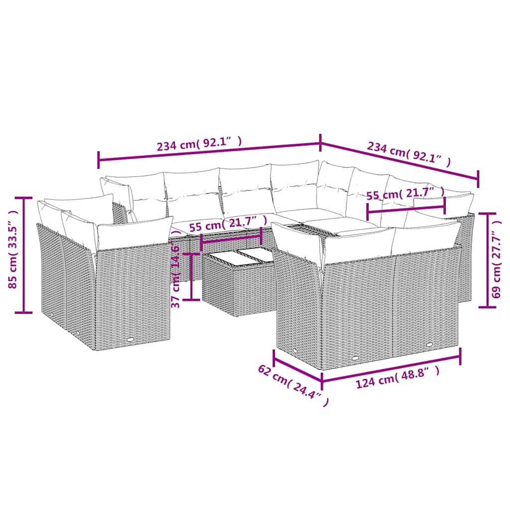 12-tlg. Garten-Sofagarnitur mit Kissen Schwarz Poly Rattan