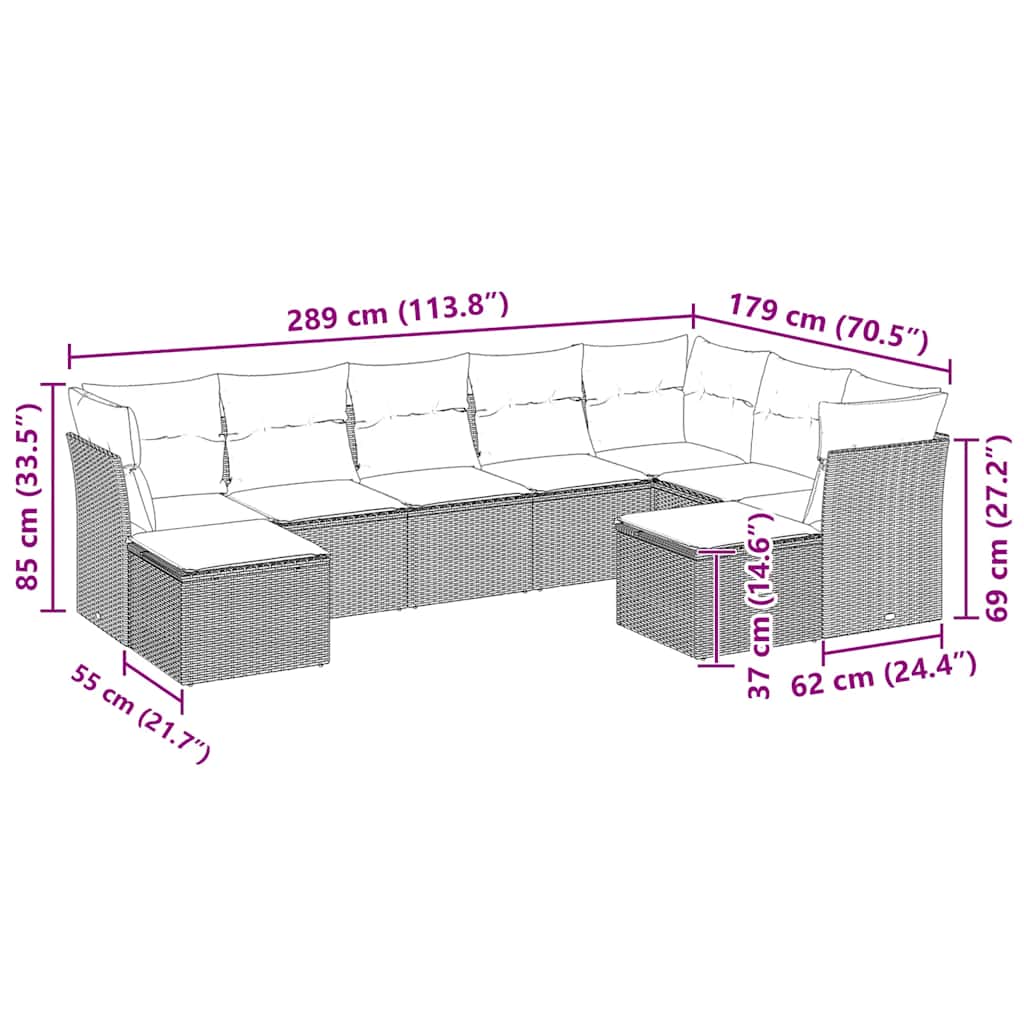 9-tlg. Garten-Sofagarnitur mit Kissen Hellgrau Poly Rattan