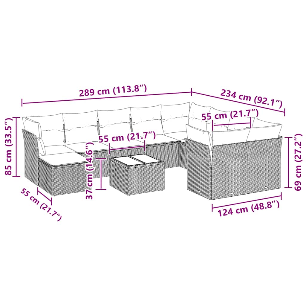 11-tlg. Garten-Sofagarnitur mit Kissen Hellgrau Poly Rattan