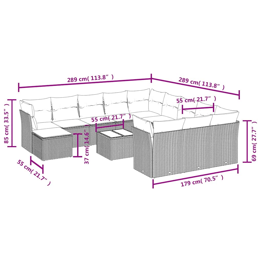 13-tlg. Garten-Sofagarnitur mit Kissen Schwarz Poly Rattan