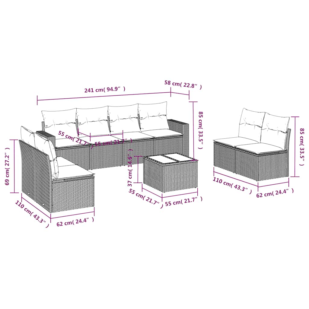 9-tlg. Garten-Sofagarnitur mit Kissen Schwarz Poly Rattan