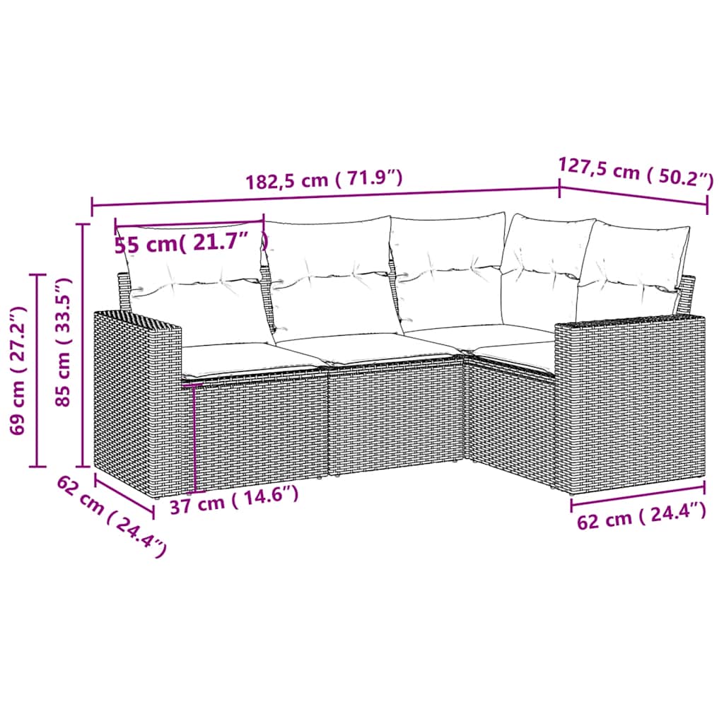 4-tlg. Garten-Sofagarnitur mit Kissen Hellgrau Poly Rattan