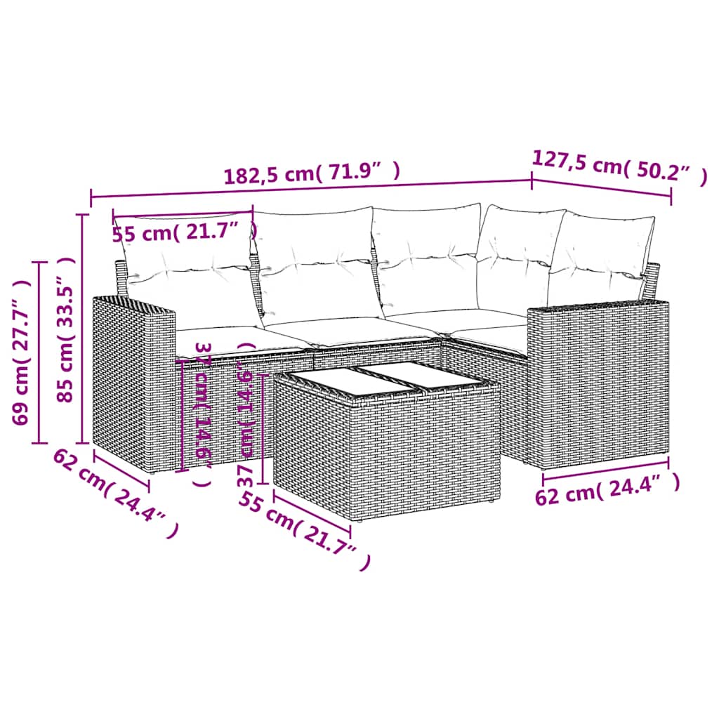 5-tlg. Garten-Sofagarnitur mit Kissen Hellgrau Poly Rattan