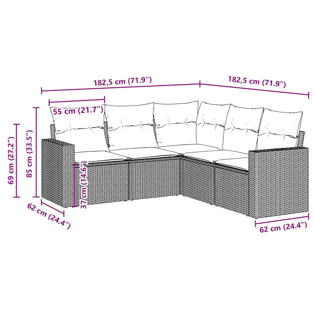 5-tlg. Garten-Sofagarnitur mit Kissen Braun Poly Rattan