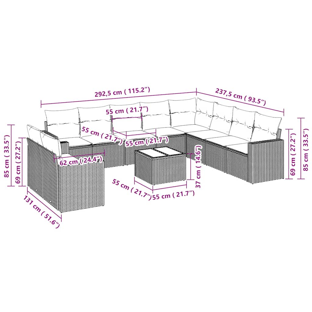 11-tlg. Garten-Sofagarnitur mit Kissen Hellgrau Poly Rattan