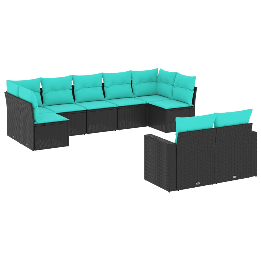 9-tlg. Garten-Sofagarnitur mit Kissen Schwarz Poly Rattan
