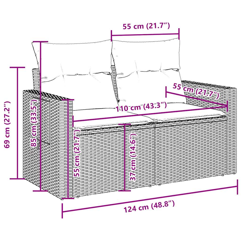 9-tlg. Garten-Sofagarnitur mit Kissen Braun Poly Rattan