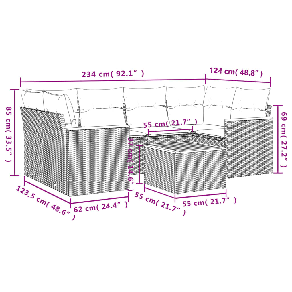 7-teiliges Gartensofa-Set mit Kissen, grau, Polyrattan