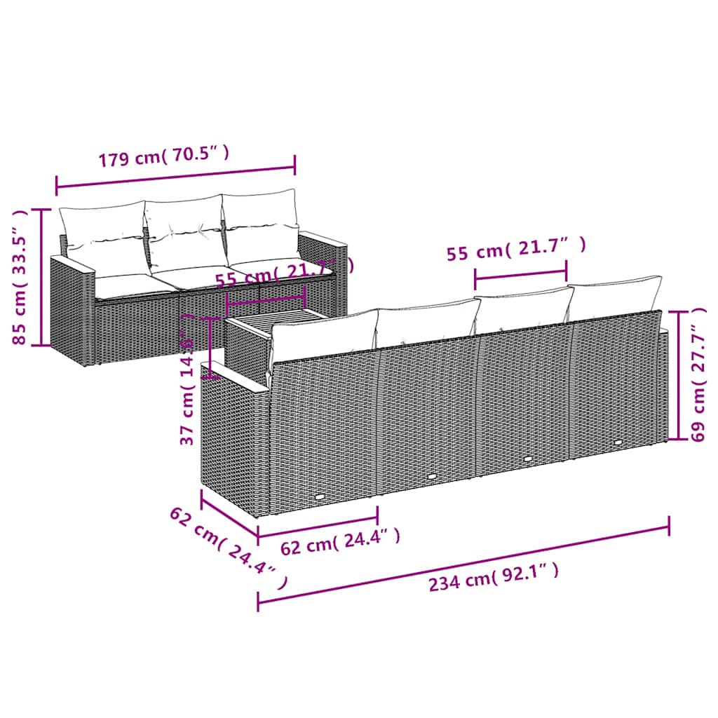 8-tlg. Garten-Sofagarnitur mit Kissen Schwarz Poly Rattan