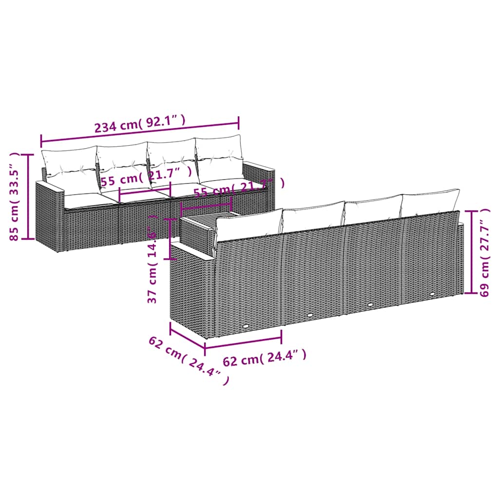 9-teiliges Gartensofa-Set mit Kissen, schwarzes Polyrattan