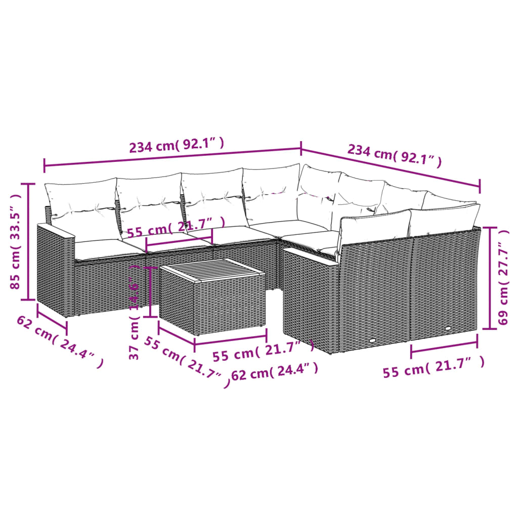 9-teiliges Gartensofa-Set mit Kissen, grau, Polyrattan