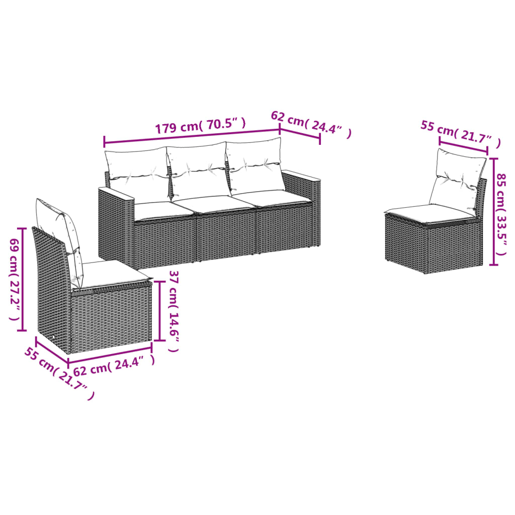 5-tlg. Garten-Sofagarnitur mit Kissen Beige Poly Rattan