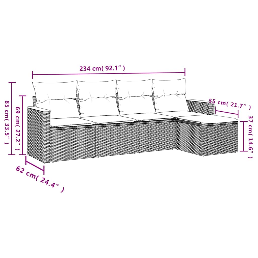 5-tlg. Garten-Sofagarnitur mit Kissen Schwarz Poly Rattan