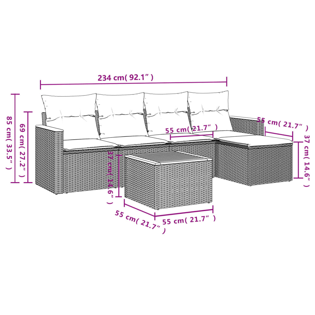 6-teiliges Gartensofa-Set mit Kissen, grau, Polyrattan