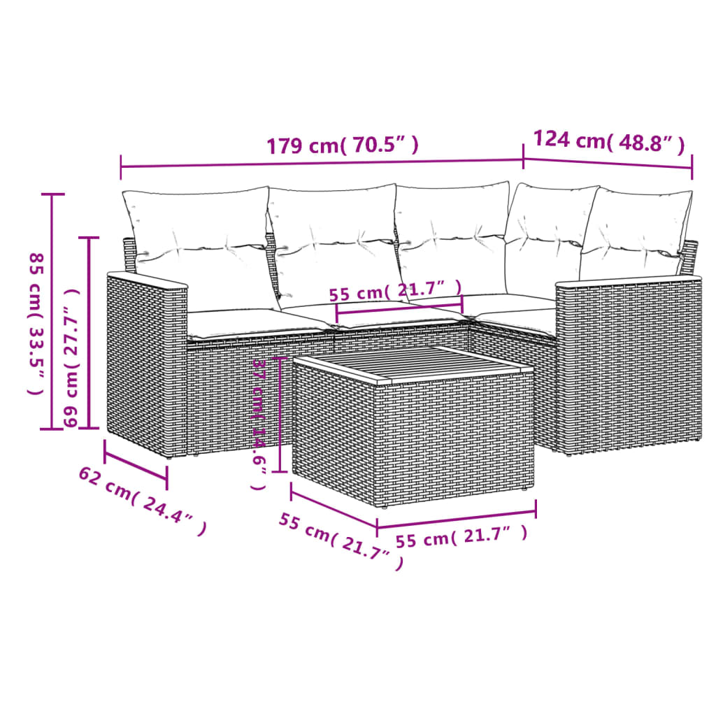 5-teiliges Gartensofa-Set mit Kissen, grau, Polyrattan