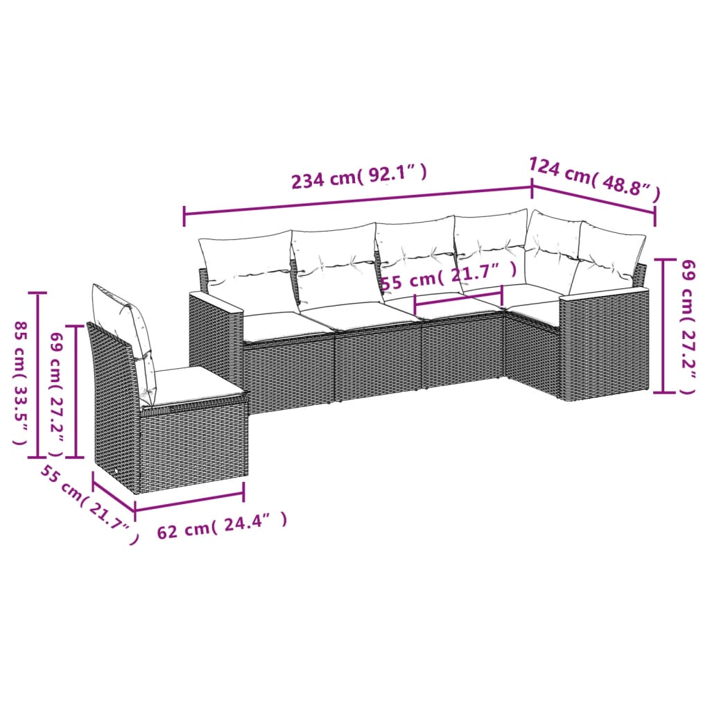 6-teiliges Gartensofa-Set mit Kissen, grau, Polyrattan