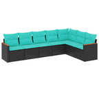 7-teiliges Gartensofa-Set mit Kissen, schwarzes Polyrattan