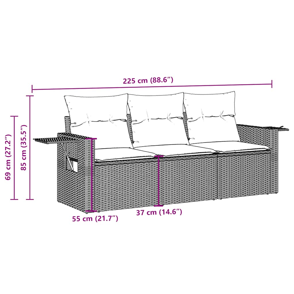 3-tlg. Garten-Sofagarnitur mit Kissen Schwarz Poly Rattan