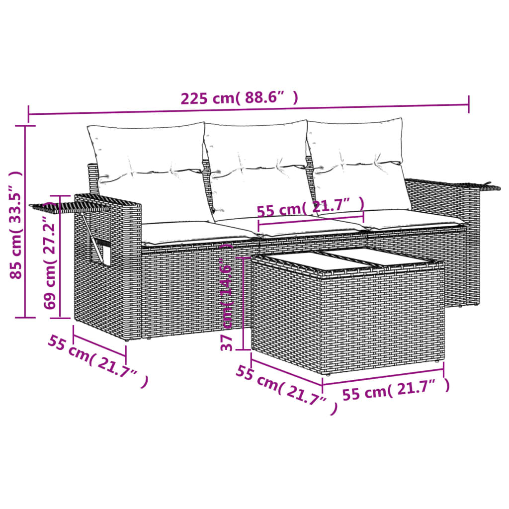 4-tlg. Garten-Sofagarnitur mit Kissen Schwarz Poly Rattan