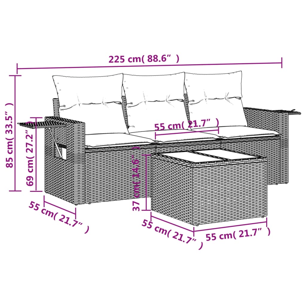 4-tlg. Garten-Sofagarnitur mit Kissen Beige Poly Rattan