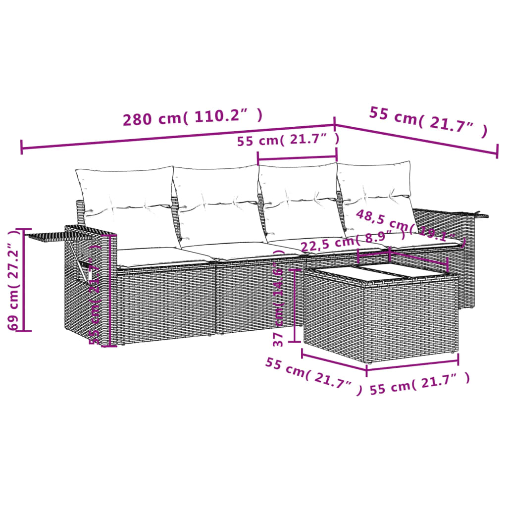 5-tlg. Garten-Sofagarnitur mit Kissen Braun Poly Rattan
