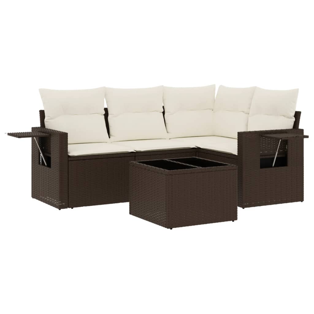 5-tlg. Garten-Sofagarnitur mit Kissen Braun Poly Rattan