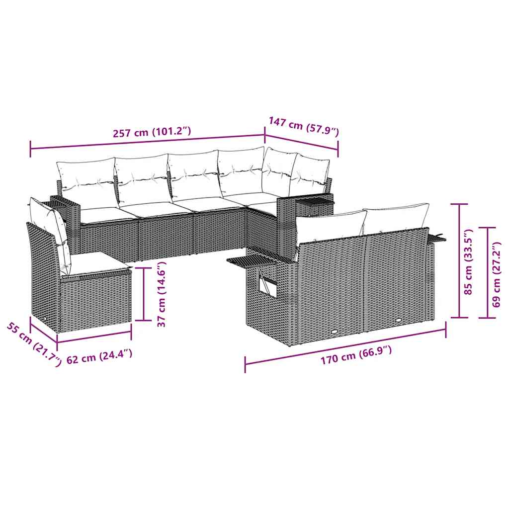 8-tlg. Garten-Sofagarnitur mit Kissen Schwarz Poly Rattan