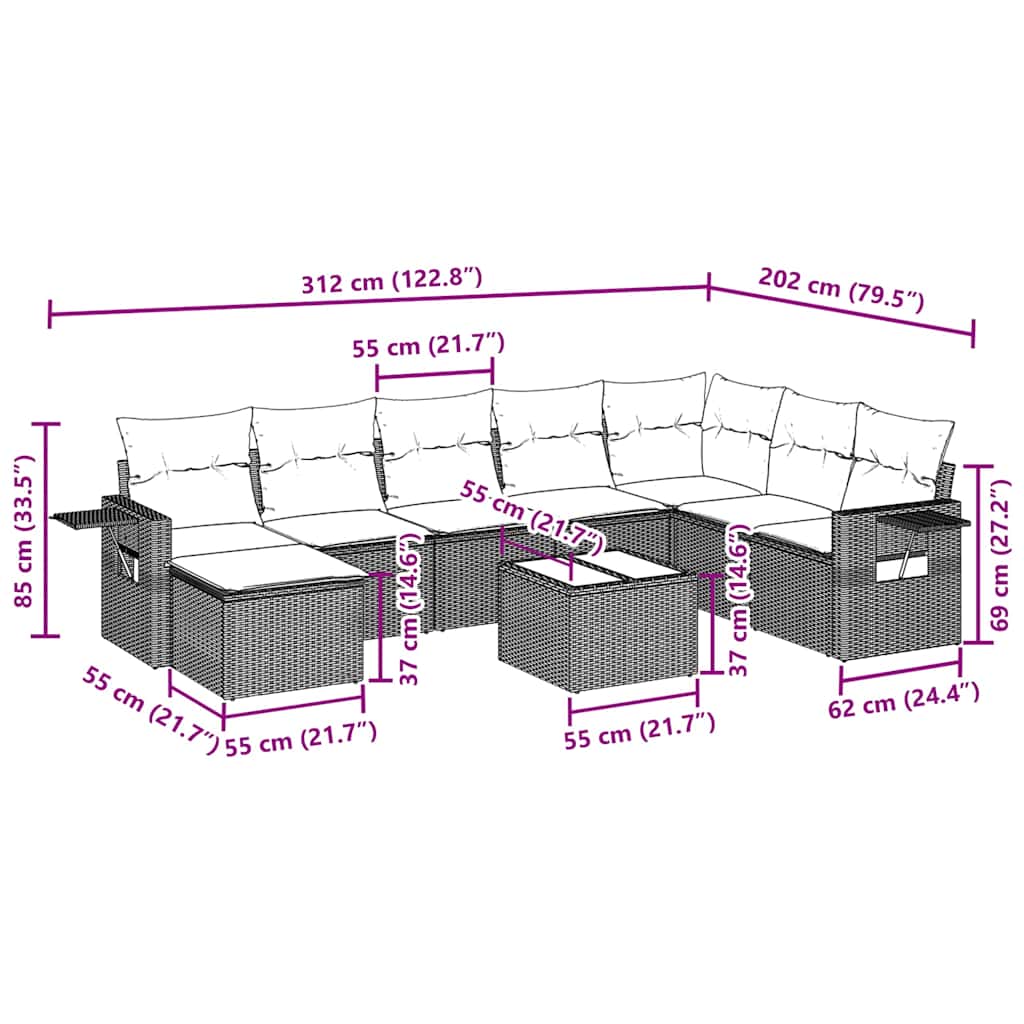 9-tlg. Garten-Sofagarnitur mit Kissen Schwarz Poly Rattan