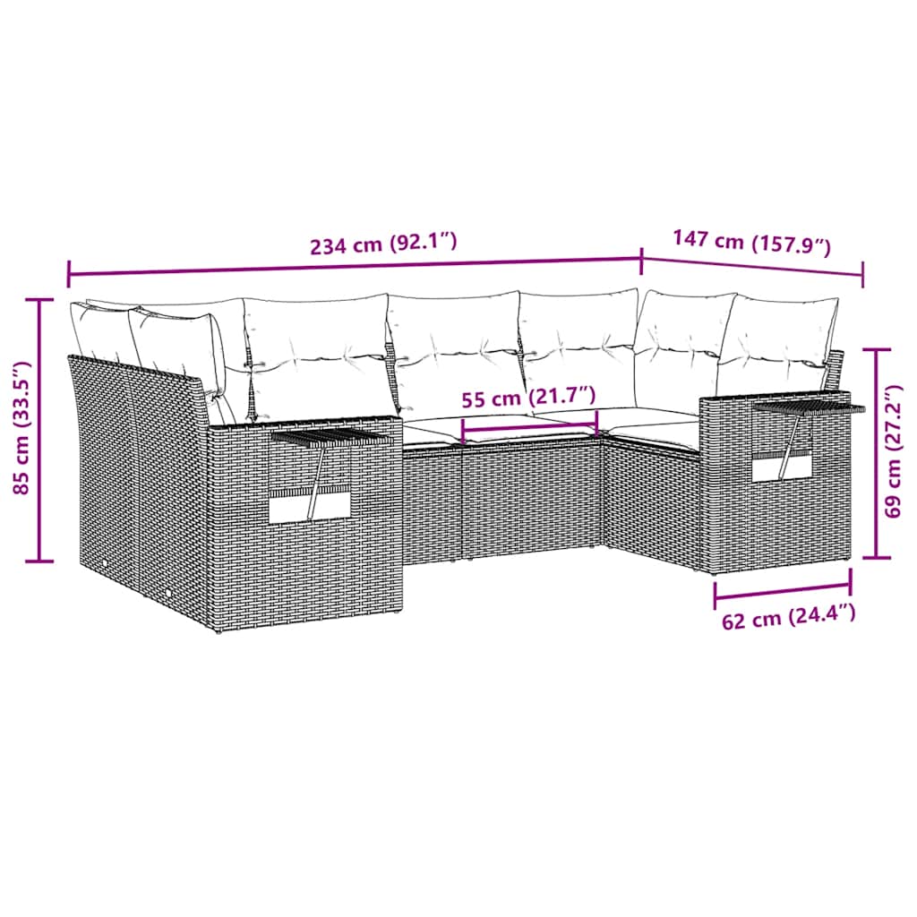 6-tlg. Garten-Sofagarnitur mit Kissen Braun Poly Rattan