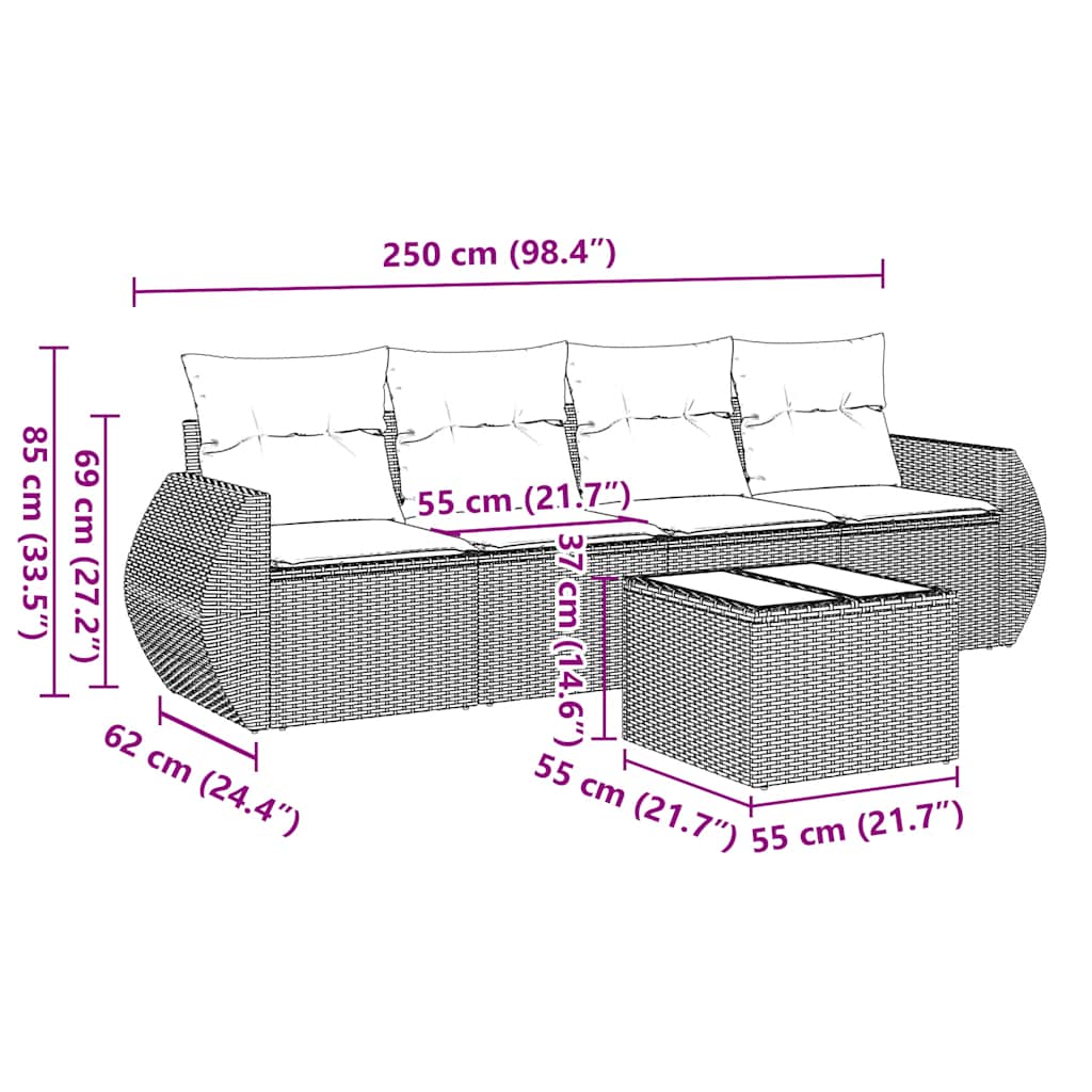 5-tlg. Garten-Sofagarnitur mit Kissen Schwarz Poly Rattan