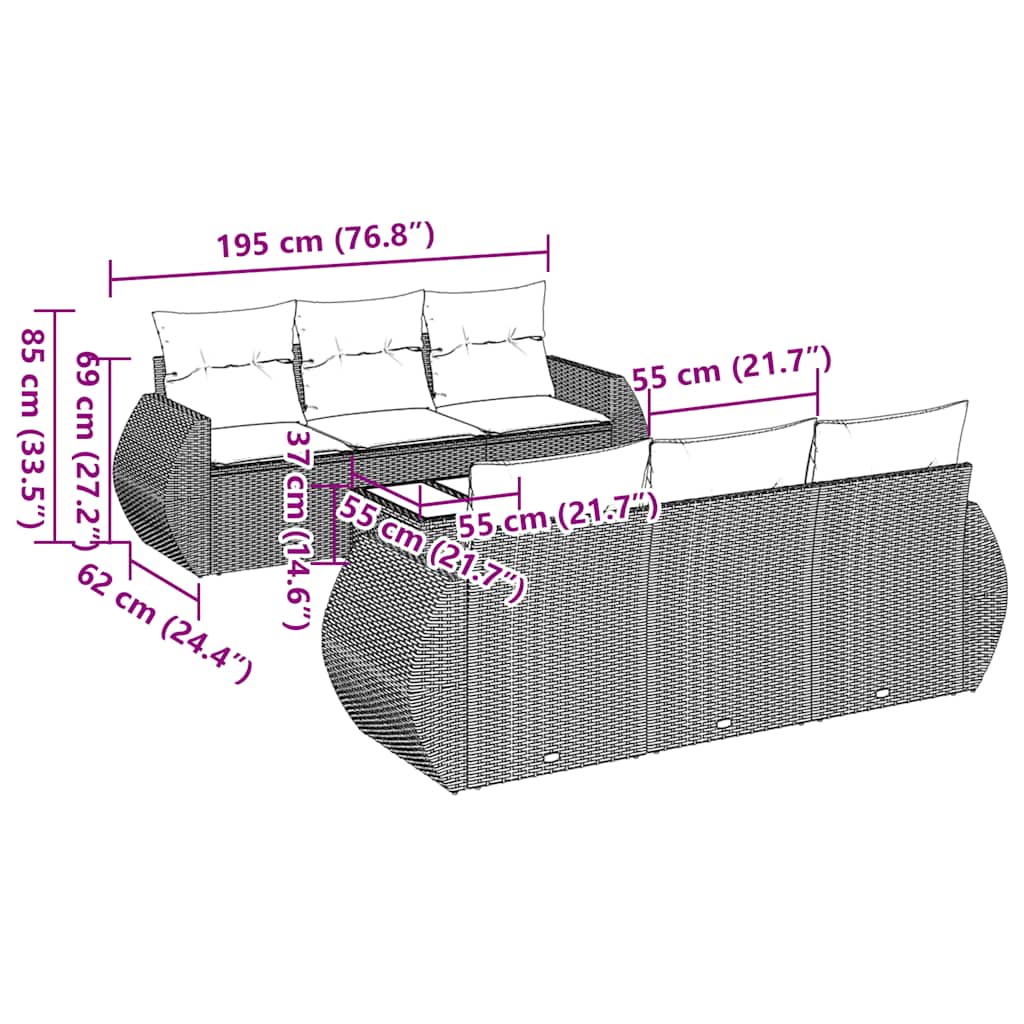 7-tlg. Garten-Sofagarnitur mit Kissen Schwarz Poly Rattan