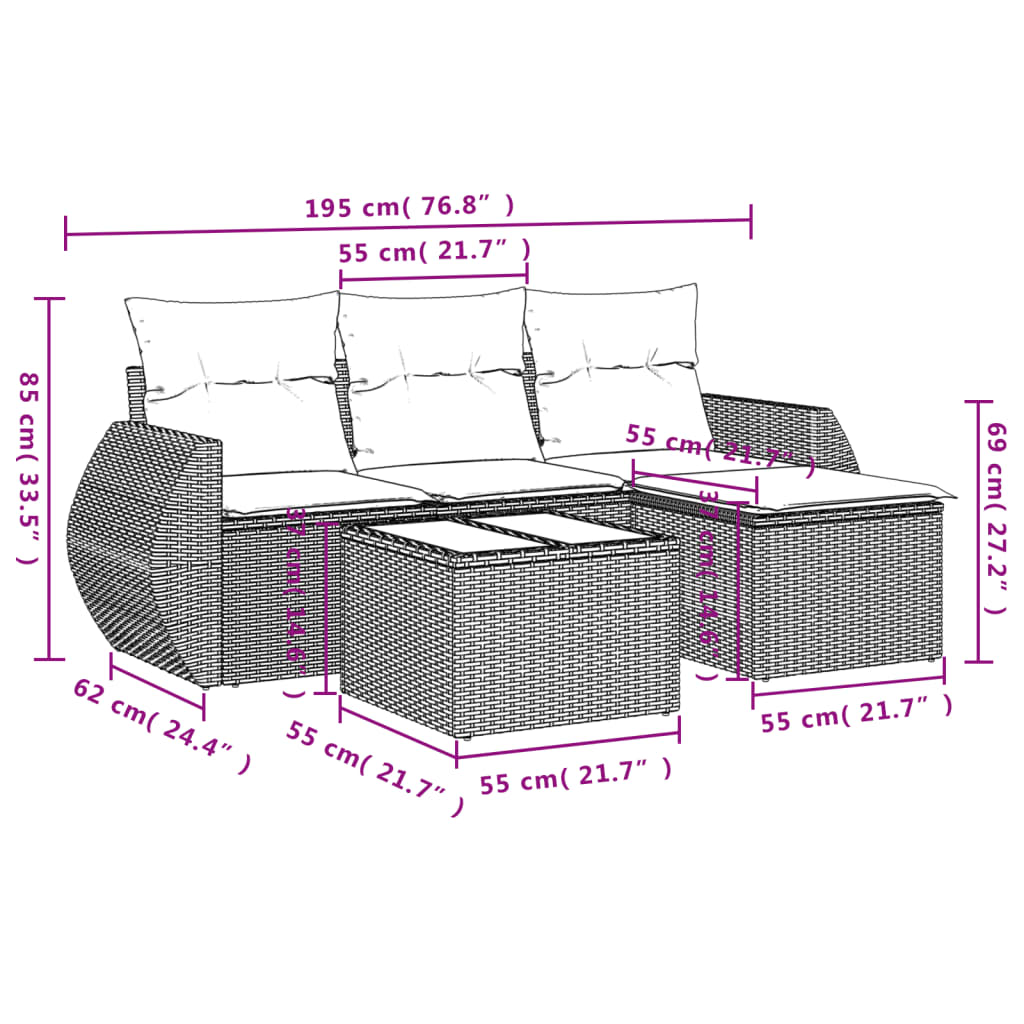 5-tlg. Garten-Sofagarnitur mit Kissen Braun Poly Rattan
