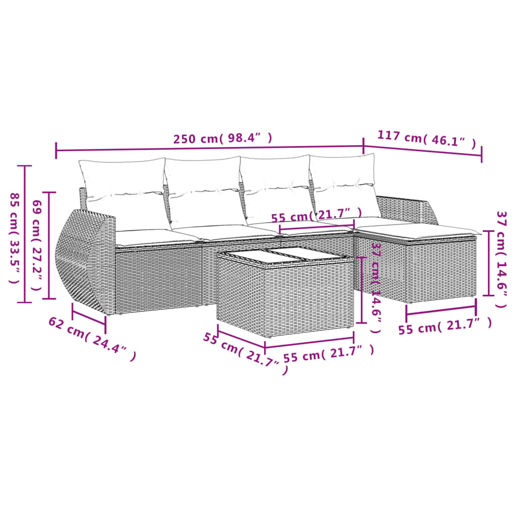 6-tlg. Garten-Sofagarnitur mit Kissen Braun Poly Rattan