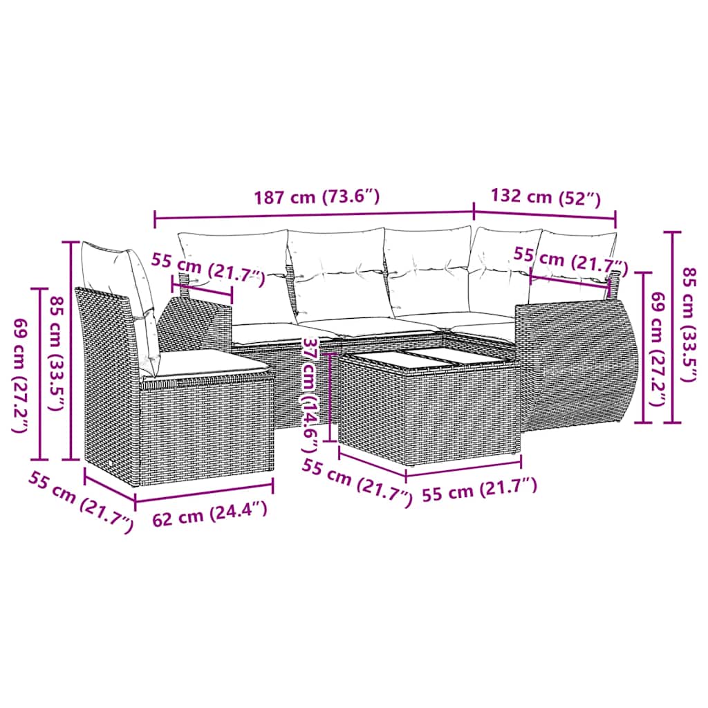 6-tlg. Garten-Sofagarnitur mit Kissen Schwarz Poly Rattan