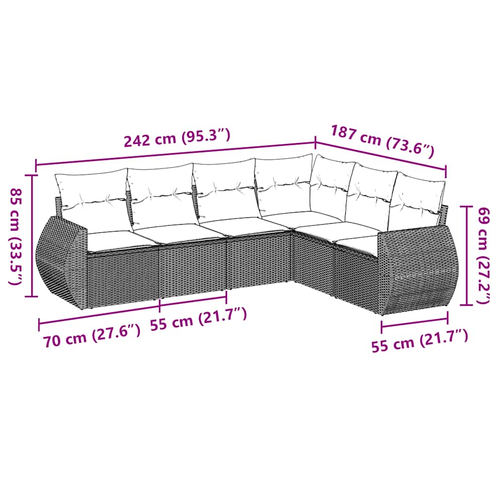 6-tlg. Garten-Sofagarnitur mit Kissen Schwarz Poly Rattan