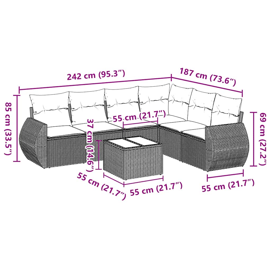 7-tlg. Garten-Sofagarnitur mit Kissen Schwarz Poly Rattan