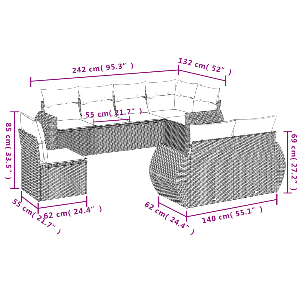 8-tlg. Garten-Sofagarnitur mit Kissen Braun Poly Rattan