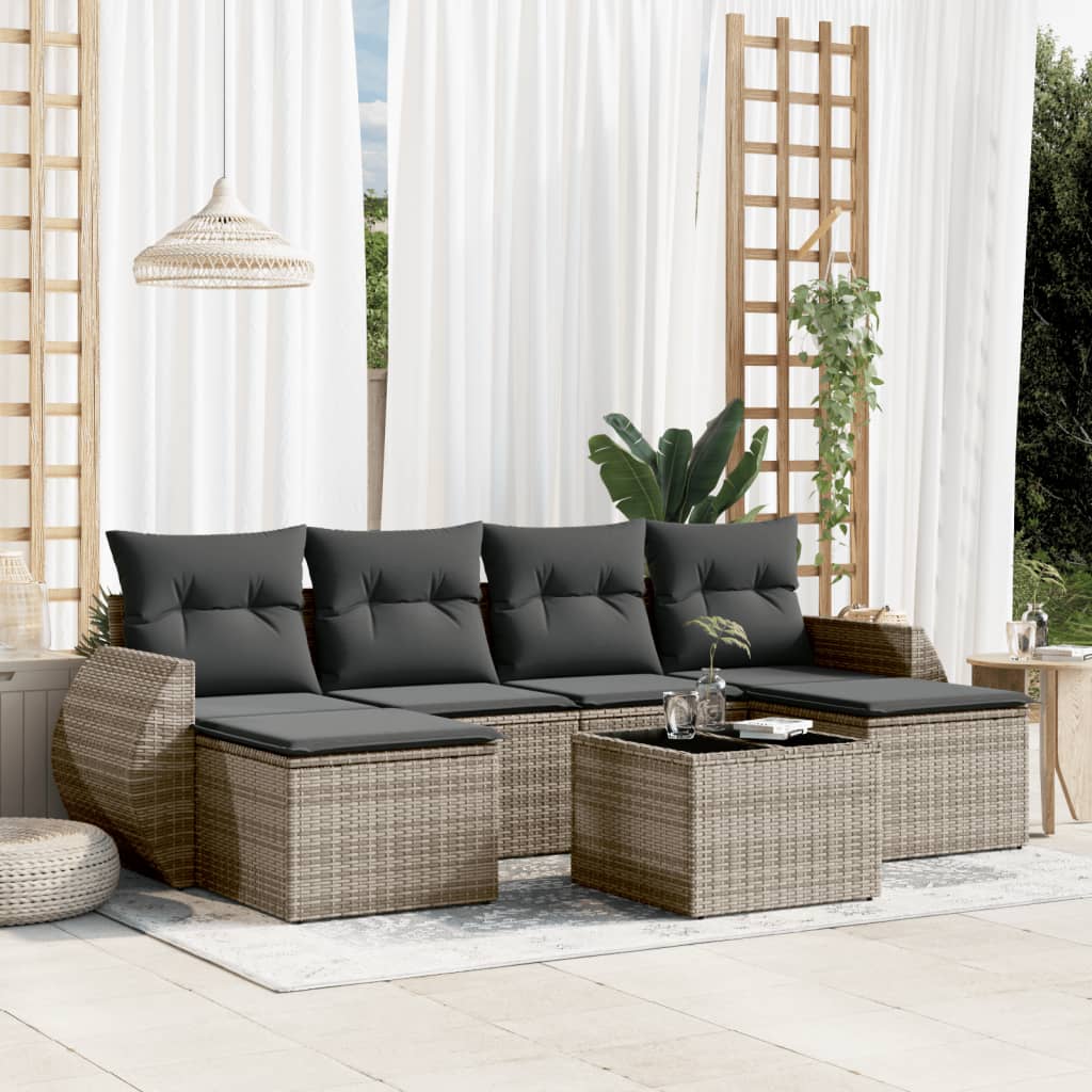 7-tlg. Garten-Sofagarnitur mit Kissen Grau Poly Rattan