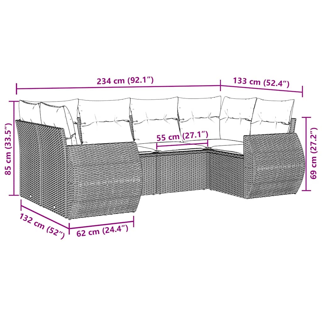 6-tlg. Garten-Sofagarnitur mit Kissen Schwarz Poly Rattan
