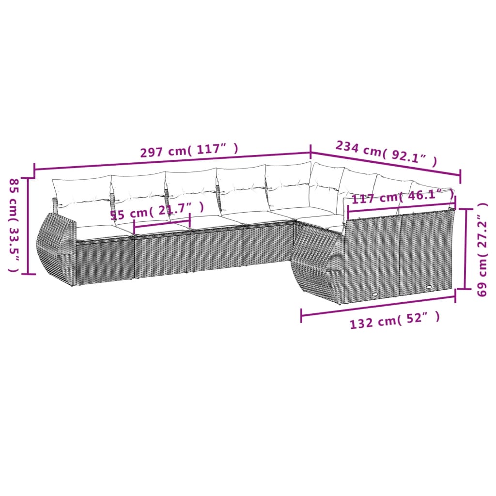 9-tlg. Garten-Sofagarnitur mit Kissen Grau Poly Rattan
