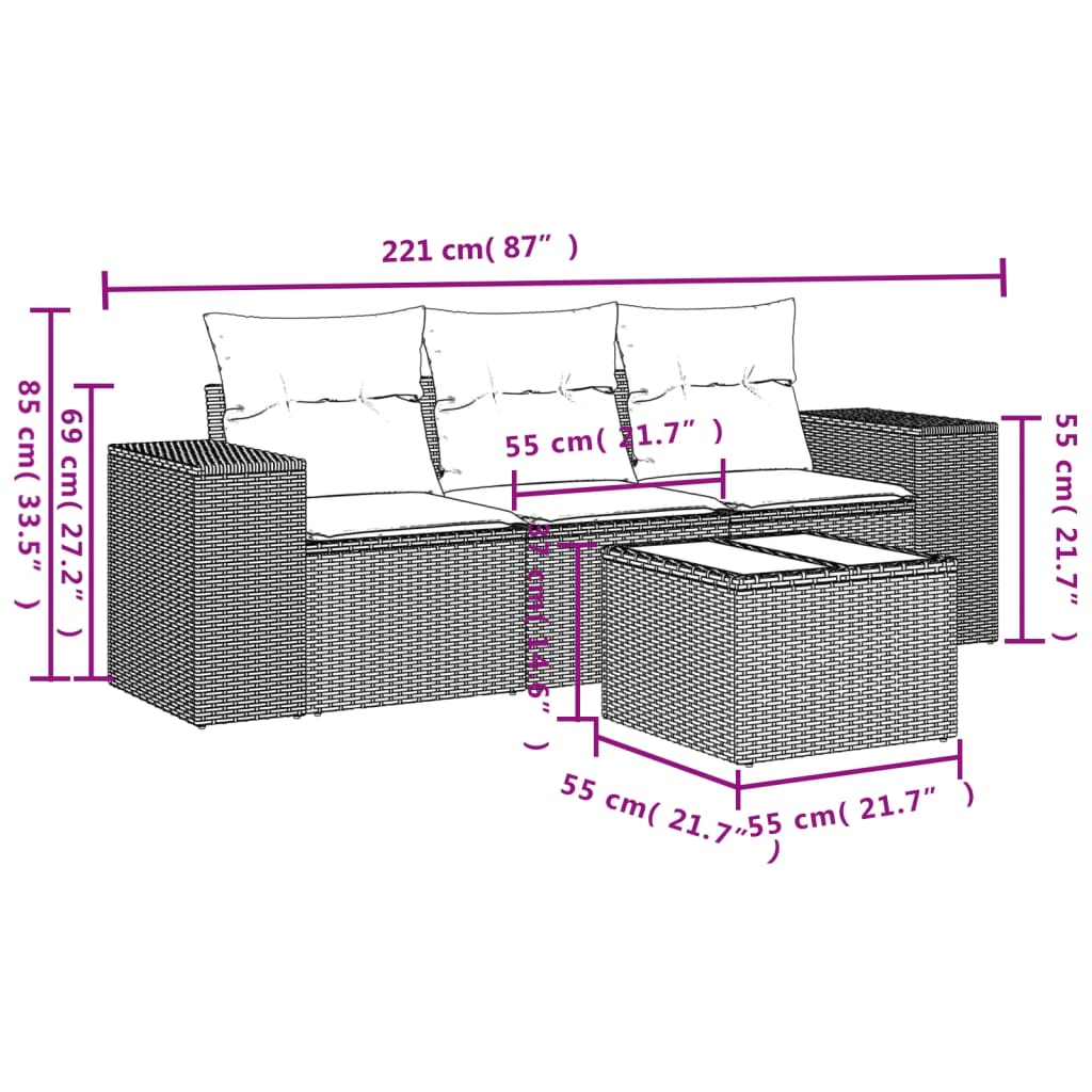 4-tlg. Garten-Sofagarnitur mit Kissen Schwarz Poly Rattan