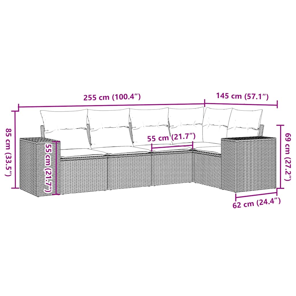5-tlg. Garten-Sofagarnitur mit Kissen Hellgrau Poly Rattan