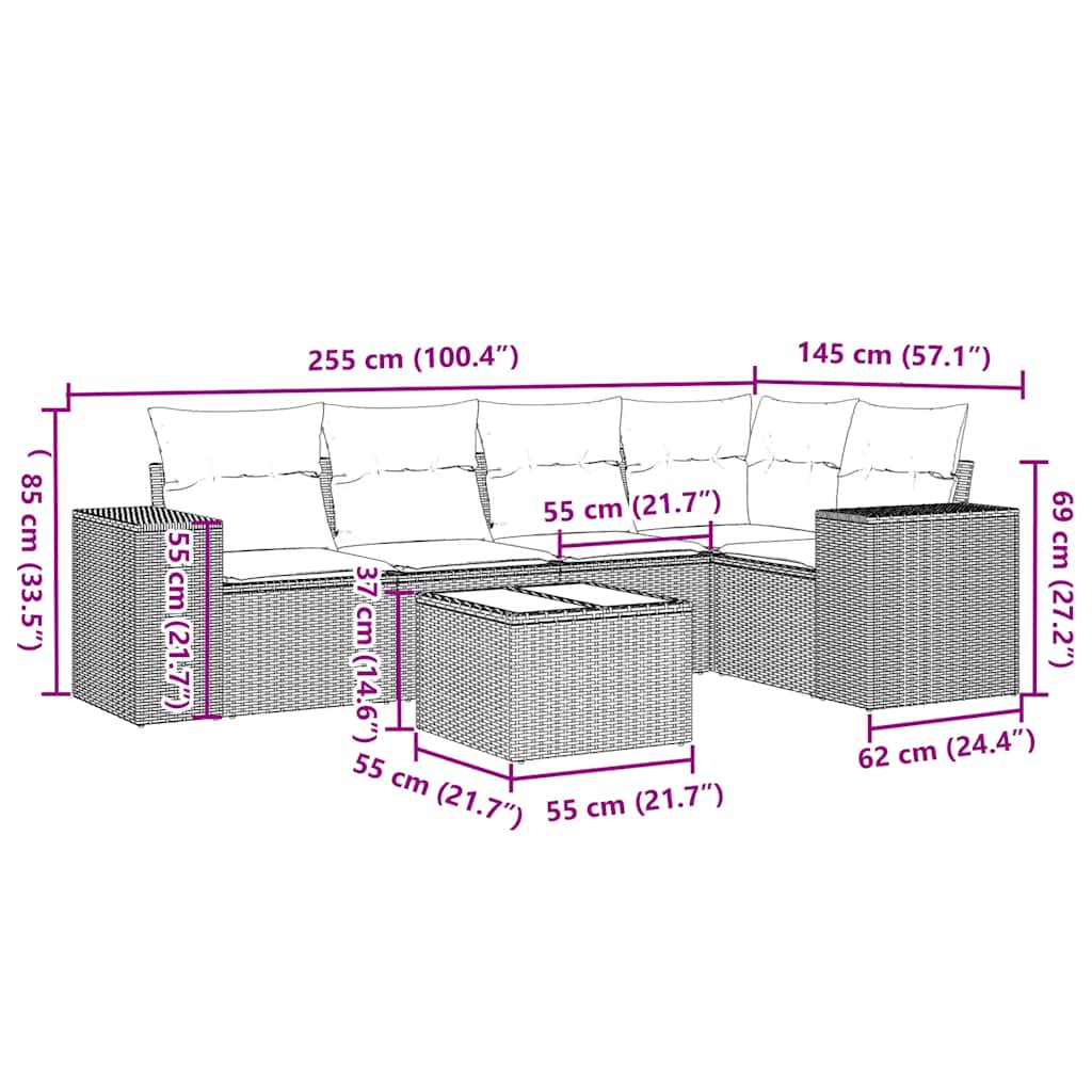 6-tlg. Garten-Sofagarnitur mit Kissen Hellgrau Poly Rattan