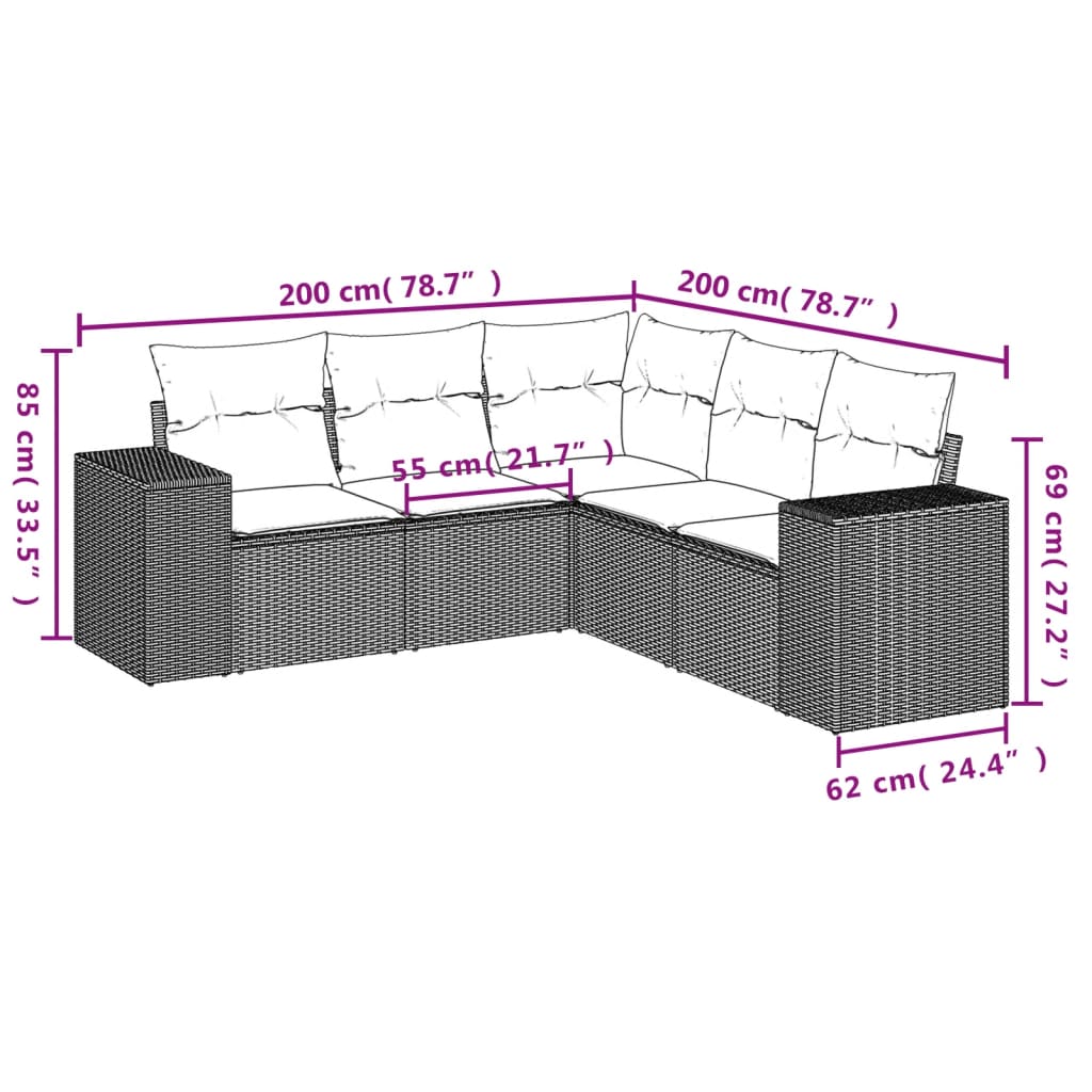 5-tlg. Garten-Sofagarnitur mit Kissen Schwarz Poly Rattan