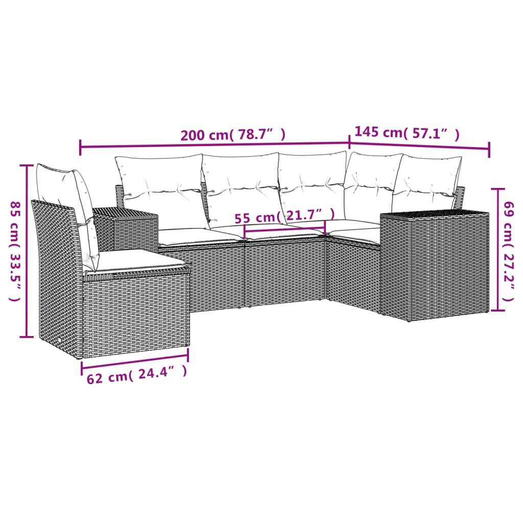 5-tlg. Garten-Sofagarnitur mit Kissen Braun Poly Rattan