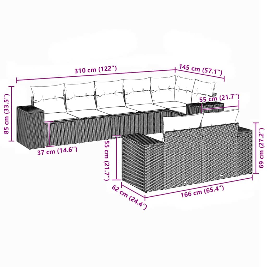 8-tlg. Garten-Sofagarnitur mit Kissen Schwarz Poly Rattan