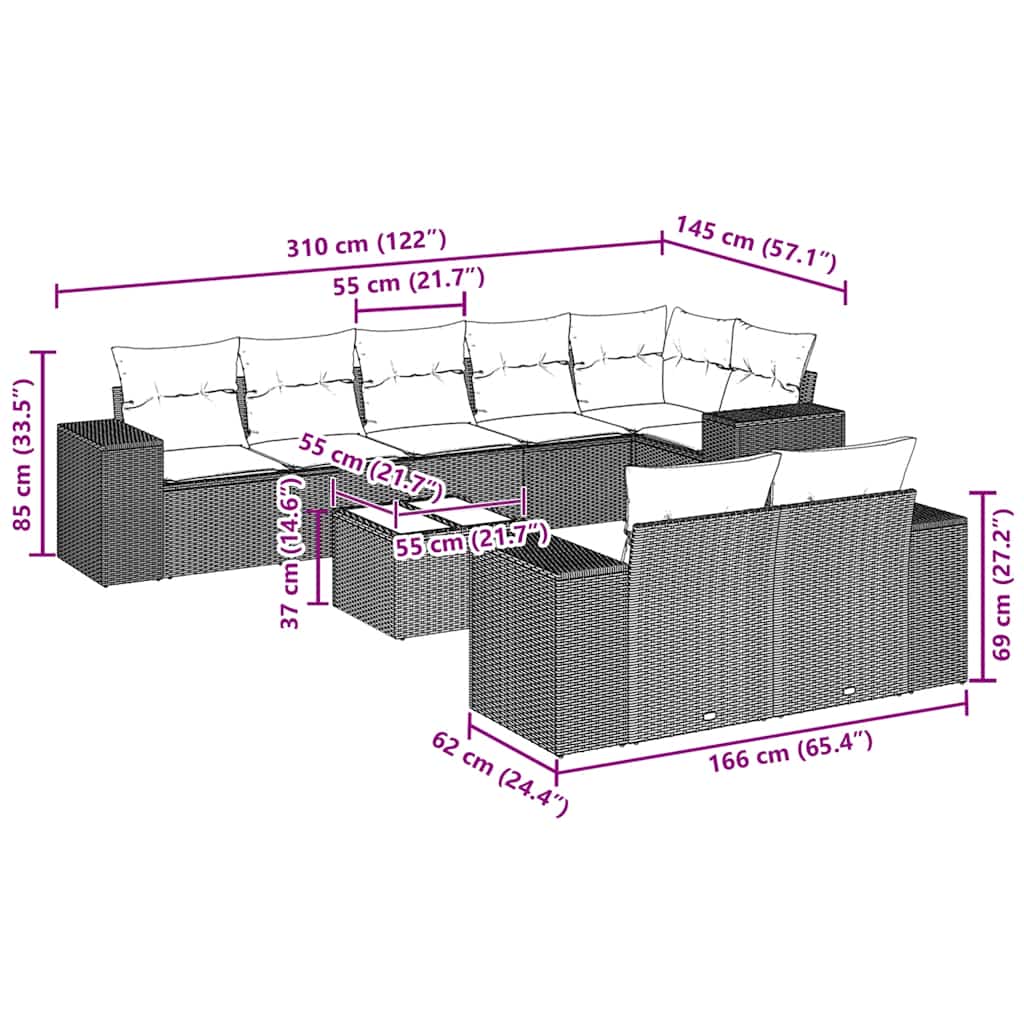 9-tlg. Garten-Sofagarnitur mit Kissen Schwarz Poly Rattan