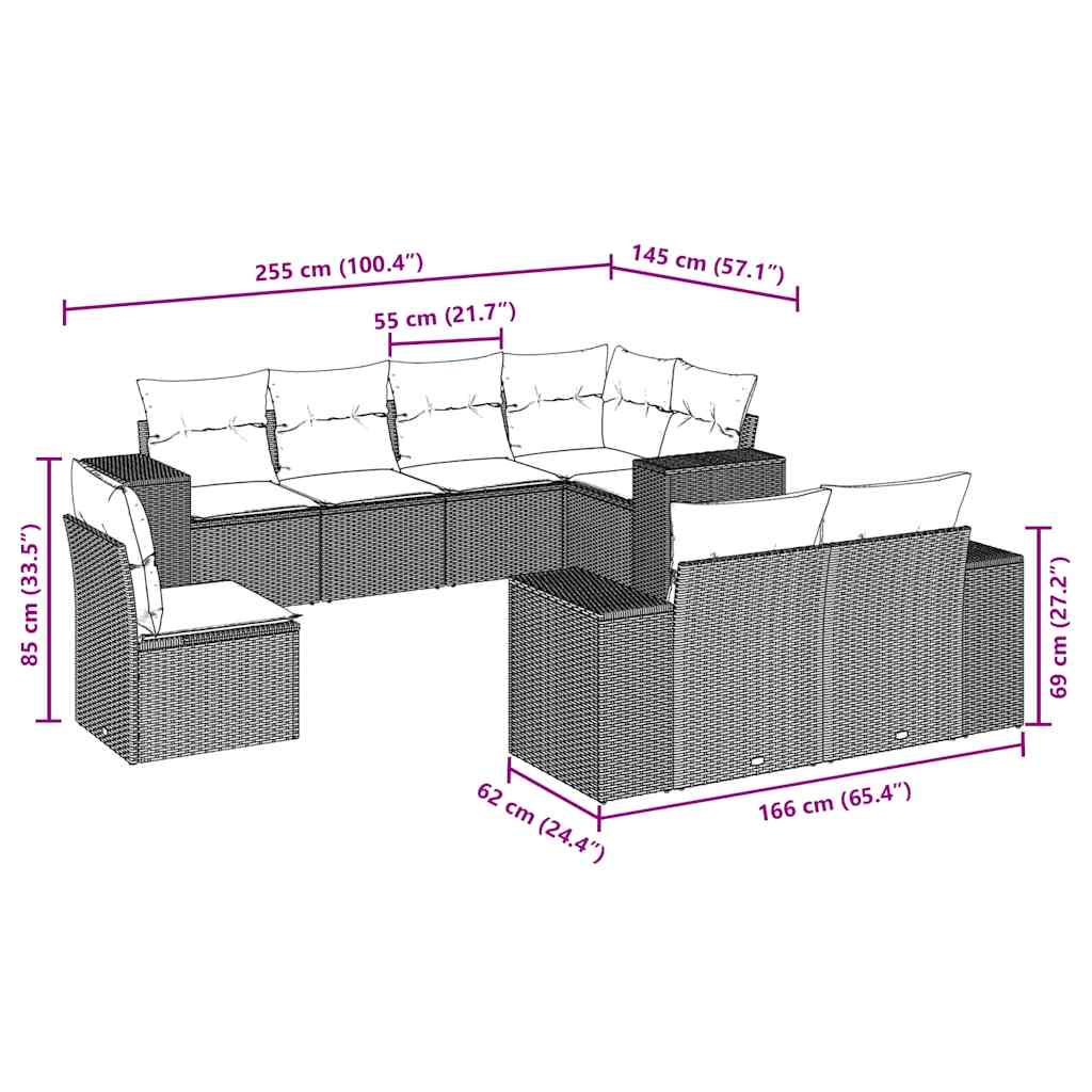 8-tlg. Garten-Sofagarnitur mit Kissen Schwarz Poly Rattan